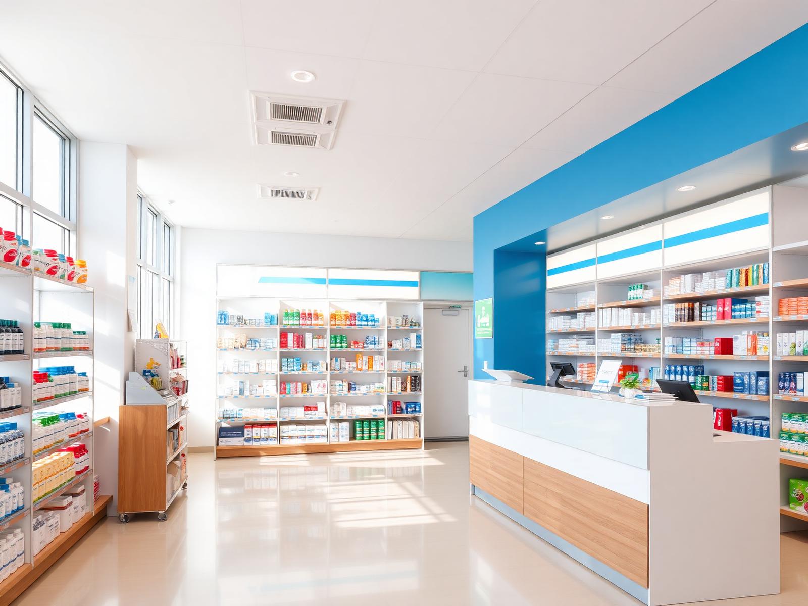 Interior moderno da Farmacia Felizardo com prateleiras organizadas de medicamentos